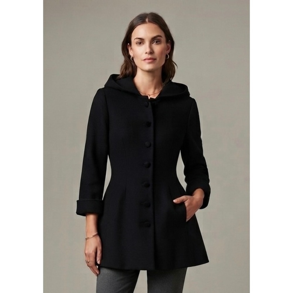 Vintage Albert Nipon Studio Hooded Wool Coat Womens 8 Black Velvet Trim USA Made